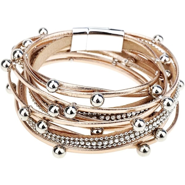 Flerskikts läderarmband Pärlor Wrap Cuff Bangle för kvinnor Rose Gold