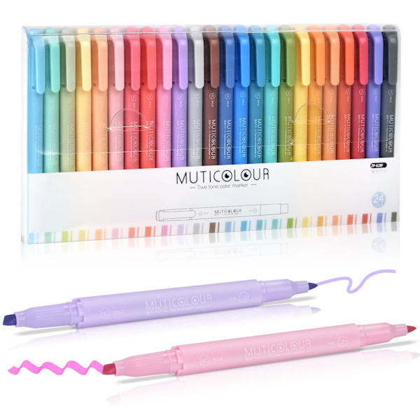 Pastel Højlysmarkør, 24 farver, fin og skrå spids, farveægte og hurtigtørrende markører til Bibelen, journal, skole og kontor Soft colors 24 pieces
