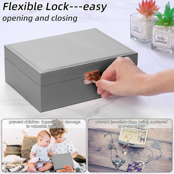 Smykkeæske til kvinder, smykkeæsker 2 lag smykkeopbevaringsarrangør til halskæde øreringe armbånd ringe, stor PU læder smykkeopbevaring Grey