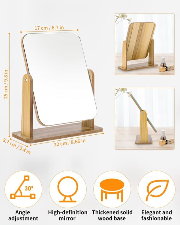 Wooden Makeup Mirror, Small Standing Mirror, 25 x 22 cm, 360 Degree Rotating Table Mirror, Tall Standing Mirror