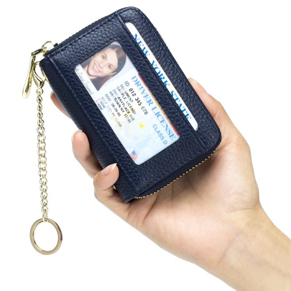 Spærrende kreditkortholder, kortpung med stor kapacitet, lille ægte læderkortetui med aftageligt nøglering-id-vindue