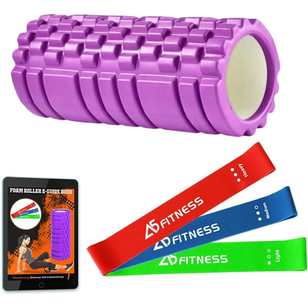 Skumrulle Lila med 3 motståndsband - Lätta skumrullar för muskler ger lindring från smärta Trötthet Förbättrar vävnadsåterhämtning - Purple 33 CM
