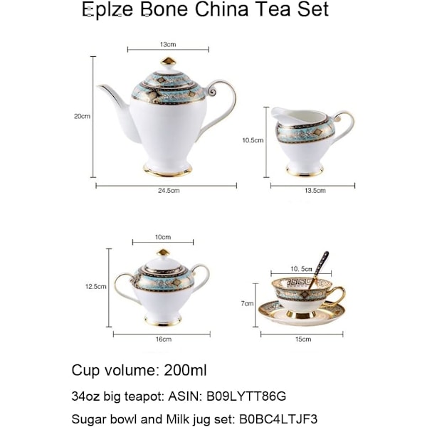 ® YBK Tech Euro Style Bone China Kop & Underkop Sæt, Keramisk Te Kaffe Kop til Hjem Køkken Bryllup (Royal Mønster - Himmelblå) Royal Pattern Sky Blue