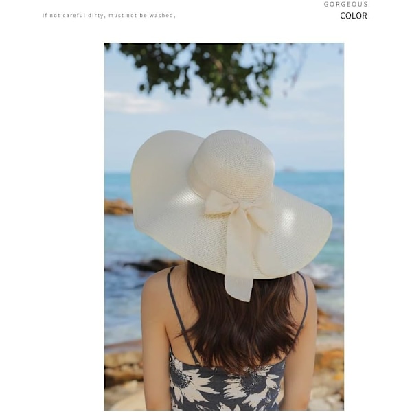 Kvinner sammenleggbar floppy bredbremmet stråsolhatt sommer strandhatt UV UPF 50+ 02Style lvory white