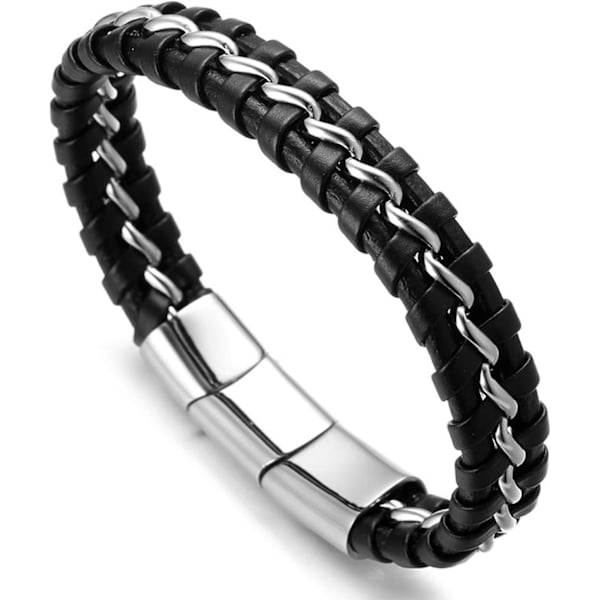 Børn ● Solo Junior ● Drengenes Ægte Læderarmbånd Sort 6-12+3 År. Titanium Guld/Sølv Kæde Magnetisk Spænde 2 Størrelser 7\"+0.7\"(18+1.5cm Silver 1819.5cm