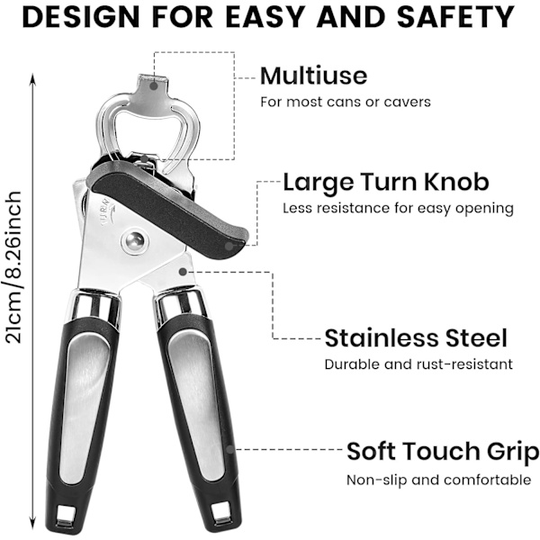 Boksåpner Boksåpner 3-i-1 Rustfritt Stål Manuell Boksåpner med Sklisikkert Håndtak Boksåpner Perfekt Kjøkkenverktøy L1-008 Black+silver 190 x 55 x 50 millimeters