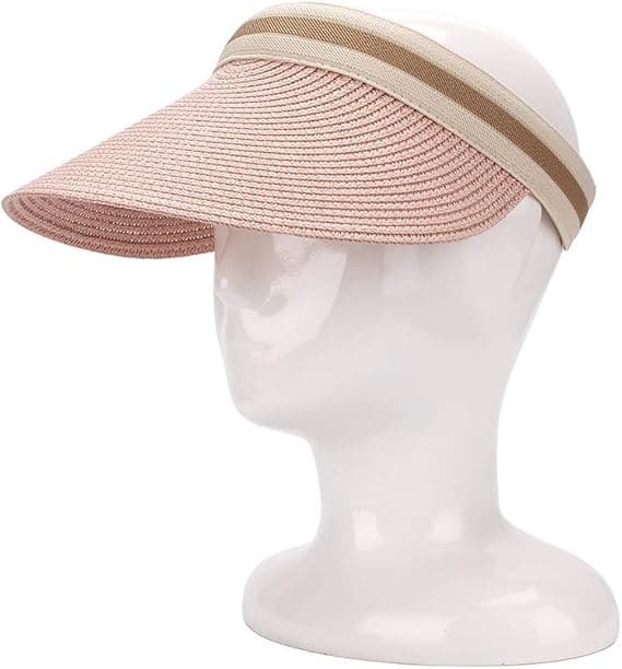Straw Sun Hat with Open Crown, UV Protection, Versatile and Refined, Adorned with Fine Woven Stripes, Pink