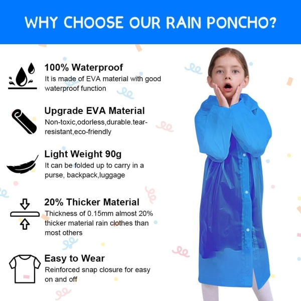 Bærbar regnfrakk, regnponcho vanntett med hetter og ermer, gjenbrukbar regnbestandig poncho for camping, nødssituasjoner, reiser Kids 2 Pack RaincoatBlue