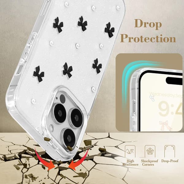 Case for iPhone 14 Pro, Bling Glitter 3D Bow Phone Case Cute Glittery Crystal Clear Bow Slim Soft Durable Protective Cover Black