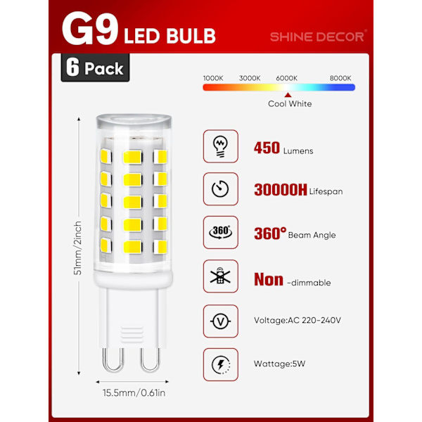 G9 LED-pære, 5W kald hvit 6000K, LED-pære ikke-dimbar, 450LM, tilsvarer 50W halogen, energisparende LED-pærer for taklamper, 6-pakning Model 2 Cool White