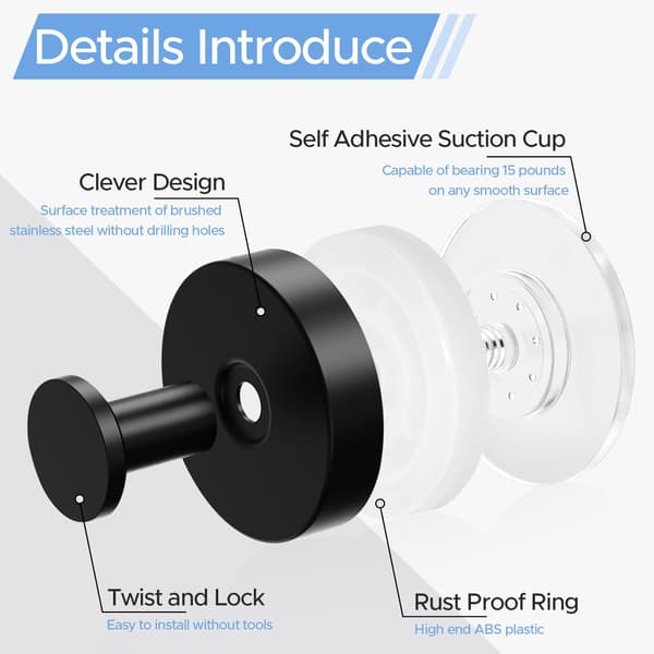Black Suction Cup Hooks (No Drilling), Extra Strong Wall Hooks for Bathroom, Kitchen, and Smooth Windows.
