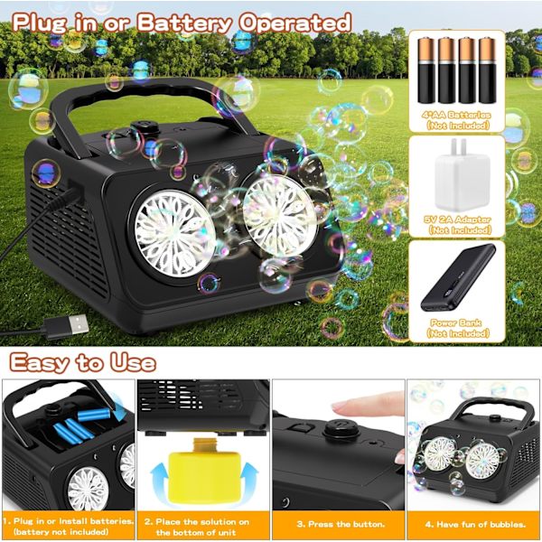 Automatisk bubbelmaskin, professionell bubbelmaskin 2 lägen för barn 20000+ bubblor/min, 26 hål bärbar elektrisk bubbelblåsare leksaker med 120 ml så Black