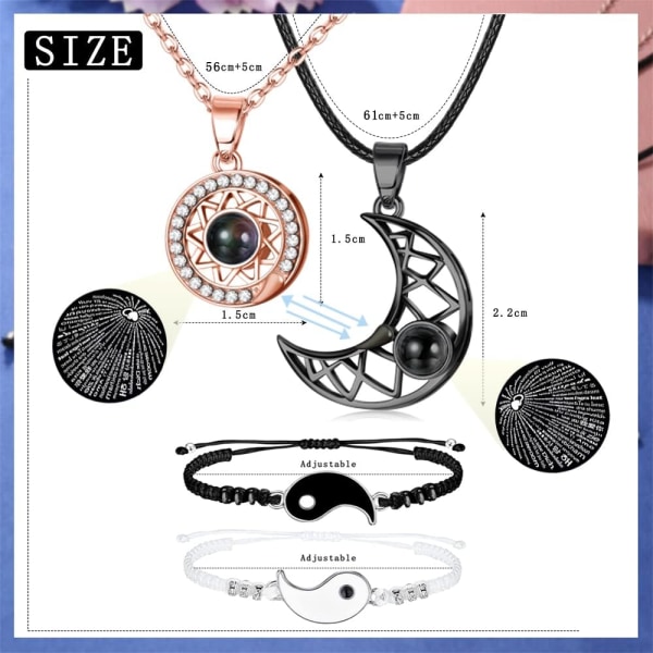 Parin kaulakoru-ranneke-setti, 100 kieltä Rakastan Sinua Magneettinen Aurinko & Kuu Projektio Kaulakorut Yin Yang Rannekkeet Säädettävät Pari Rosegold and Black Tone Necklace