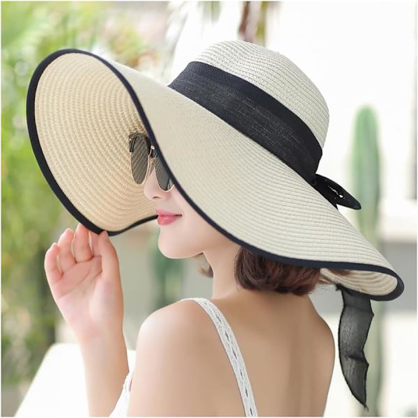 Kvinde Foldbar Floppy Bredskygget Halm Solhat Sommer Strandhat UV UPF 50+ 07Style Beige