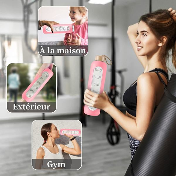 Glasvattenflaska med bambulock - 1000 ml sportdryckesflaska med tidsmarkör, återanvändbar krossäker silikonfodralflaska för fitness gym utomhus Pink