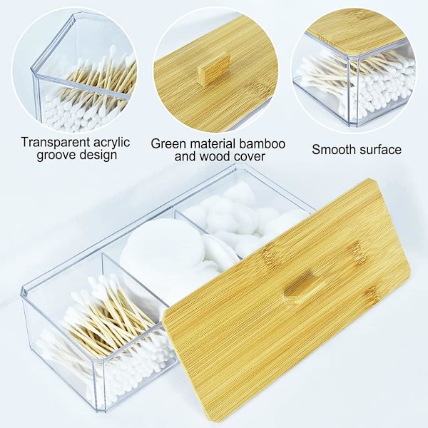 Akryl Q-tips hållare dispenser med trälock, 3 fack bomullstuss hållare, badrumsorganisatör för Q-tips, bomullspinne och bomullsplatta hållare, Vani Wood Lid