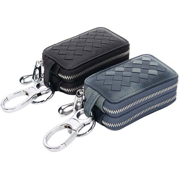 Unisex Premium Lammskinnsläder Nyckelring Fodral Dubbel Dragkedja Bil Nyckelring Plånbok Myntväska Svart Black Woven Pattern