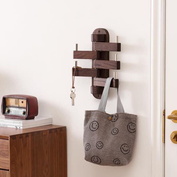 Oak Swivel Coat Rack, Solid Wood Hooks with 5 Swiveling Foldable Arms, 30 cm Long Wall Rack Hat Hooks for Bedroom (Walnut)