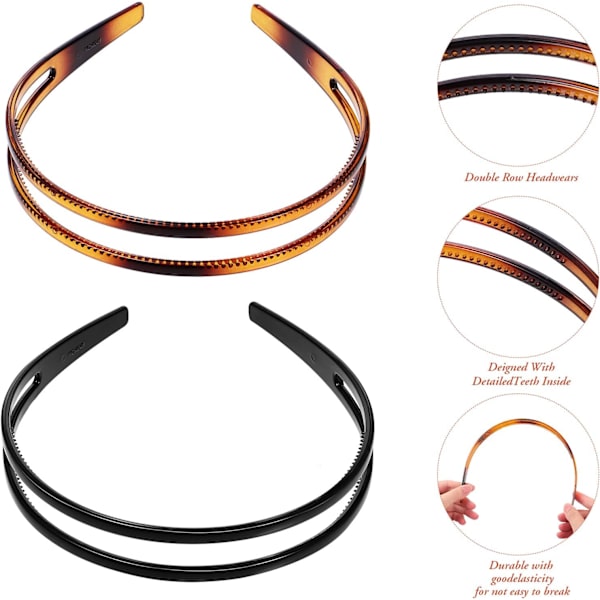 Hårband av hårdplast med dubbla rader, halkfria hårband med tänder för kvinnor, 2 st Chocolate 2 count (Pack of 1)