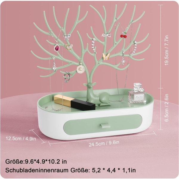 Antler Jewellery Organizer-stativ med skuff, plast 3 i 1 smykkeholder for øredobber Halskjeder Armbånd og ring Green & White