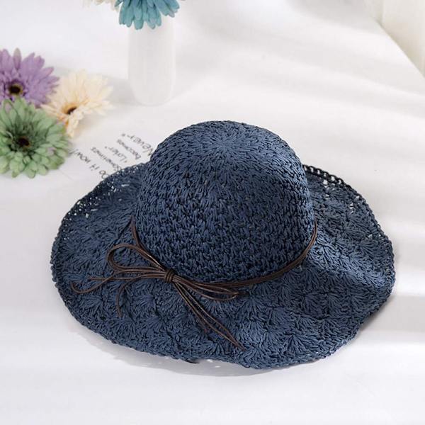 Solhatt i halm för kvinnor, damer, hopfällbar, bredbrättad, med rosett, justerbar, strandhatt, elegant hinkhatt, UPF 50 UV-skydd, bekväm Dark Blue One Size