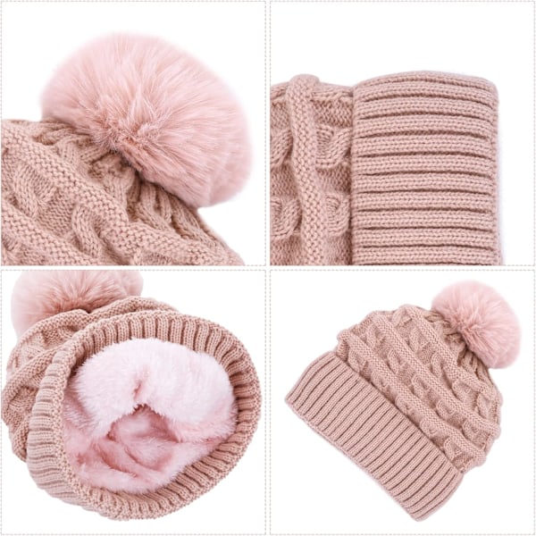 Vintermössa för kvinnor, stickad mössa med fleecefoder, varm mössa med konstpälsboll Pink One size