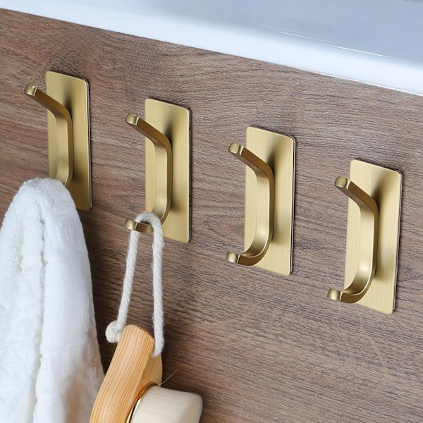 Selvklebende kroker, gullfargede klebende kroker for rask installasjon, rustfrie veggkroker for baderomskjøkken, 4 pakker håndklekleskroker Gold