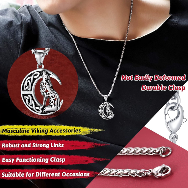 Viking Wolf Halsband för Män, Vintage Stil Norse Runes Wolf Head/Fenrir Hänge Halsband i Rostfritt Stål/Guld/Svart, Nordiska Gåvor Wolf Moonstainless Steel