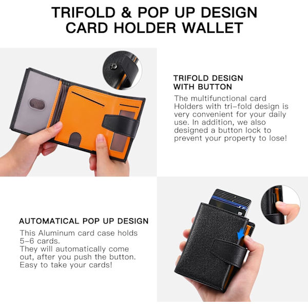 Kredittkortholder RFID-blokkering Minimalistisk Trifold Herre Lommebøker Automatisk Pop Up Metallveske med ID-vinduer og glidelåslomme Black With Orange