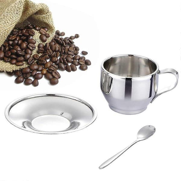 Isoleret Kaffekopsæt - Dobbeltvæggede Kopper i Rustfrit Stål til Espresso, Latte, Cappuccino, Te med Underkop og Ske 180 ml (2-pak)
