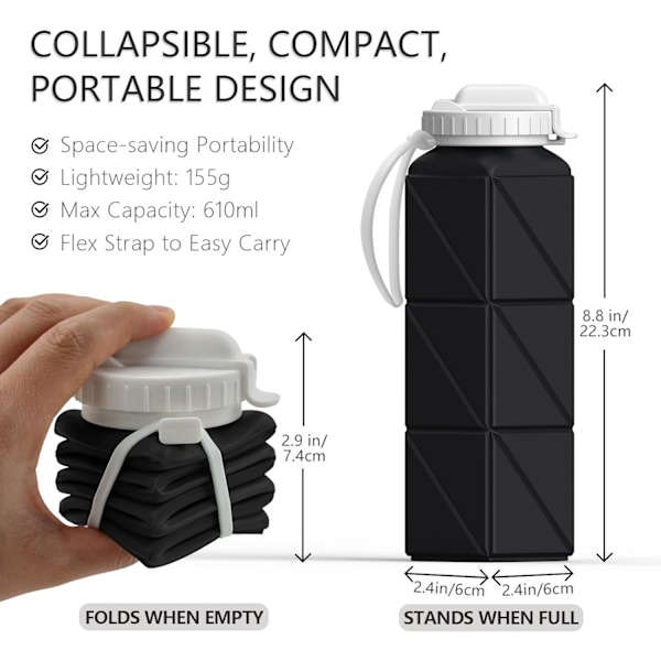 Hopfällbara Vattenflaskor, Silikon Vikbar Bärbar Vattenflaska 610ml, Lätt Vikt Återanvändbar Läcksäker för Resor Camping Vandring Cykling Yoga Black