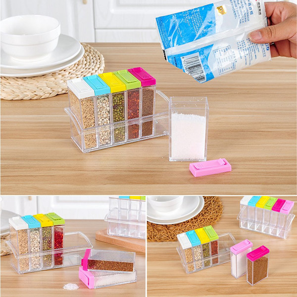 Transparent plast kryddburk set om 6, kryddburkar kryddförvaring behållare för salt socker och peppar praktisk design