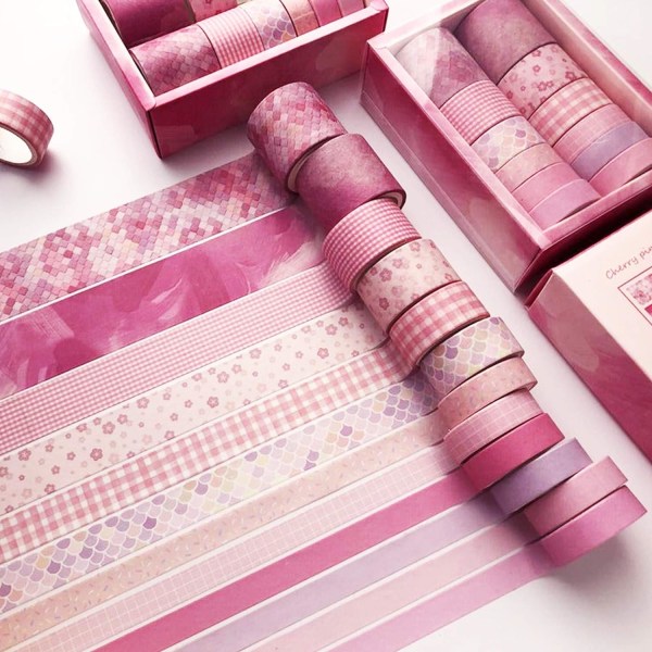 12 rullar Washi- set, dekorativa rutmönster för Washi maskeringstejpset för hantverk, barn, scrapbook, gör-det-själv, presentinpackning Pink