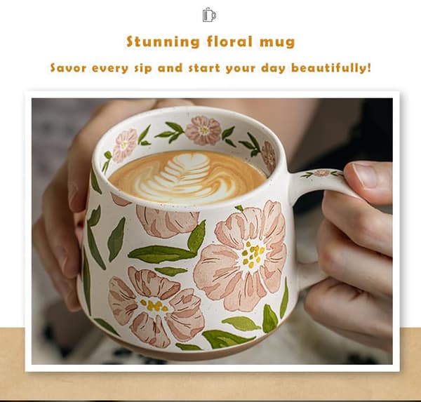 Stor keramisk kaffe latte-mugg, söt mugg för kvinnor, handmålad blommig keramisk kopp (rosa blommor)