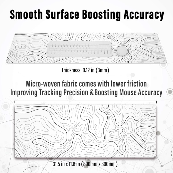 Stor Gaming Musematte med Sømkanter, Minimalistisk Topografisk Kart Skrivebordsmatte, Utvidet XL Musematte med Antiskli Base, 31,5 x 11,8 tommer, Hvit