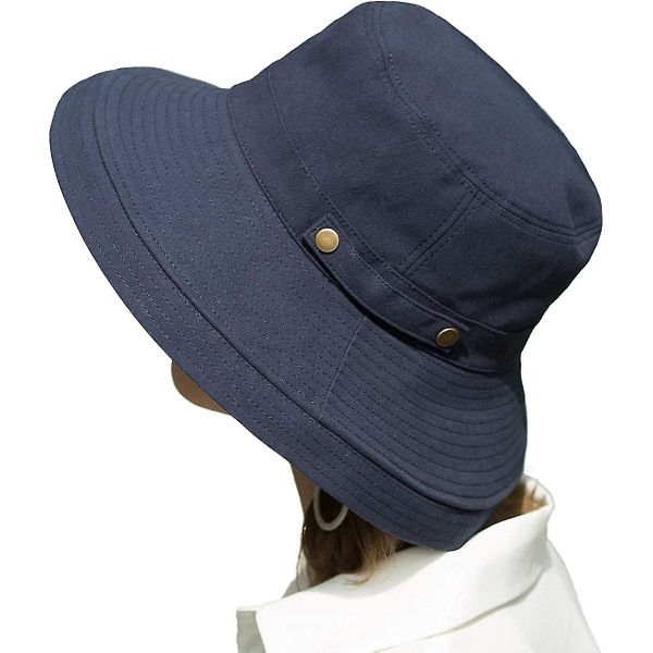Solhattar med bred brättad bomull för damer Upf50+ Uv-packbar strandhatt cap för resor Knapp-mörkblå