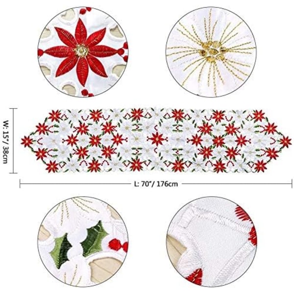 38CM x 176CM Julebordløpere, 2-sidig Bomullslin Embrodert Bordløper Julestjerne og Misteltein Bordduker til Bryllupsborddekorasjon