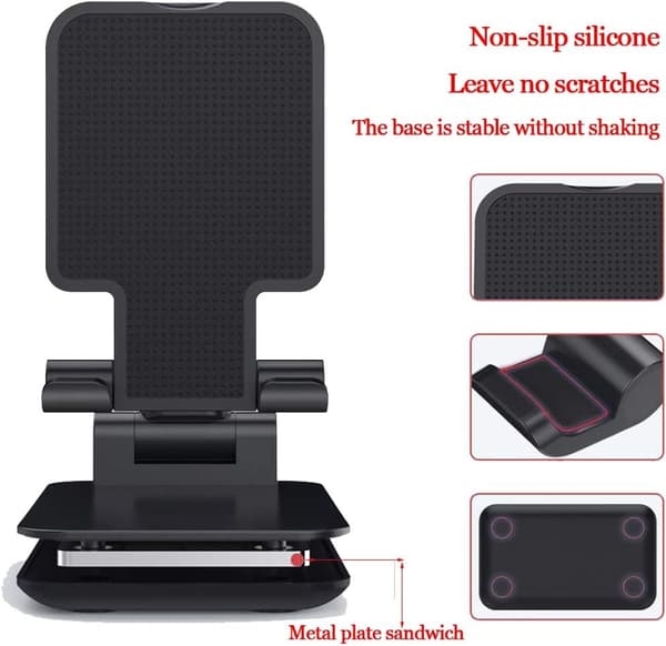 Foldable Cell Phone Stand for Desk, Portable Aluminum Alloy Tablet Stand, Adjustable Height and Angle, Black