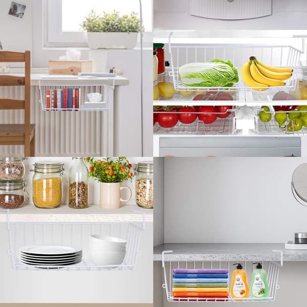 Under-shelf storage basket, set of 2 metal hanging baskets for kitchen, office, pantry, bathroom