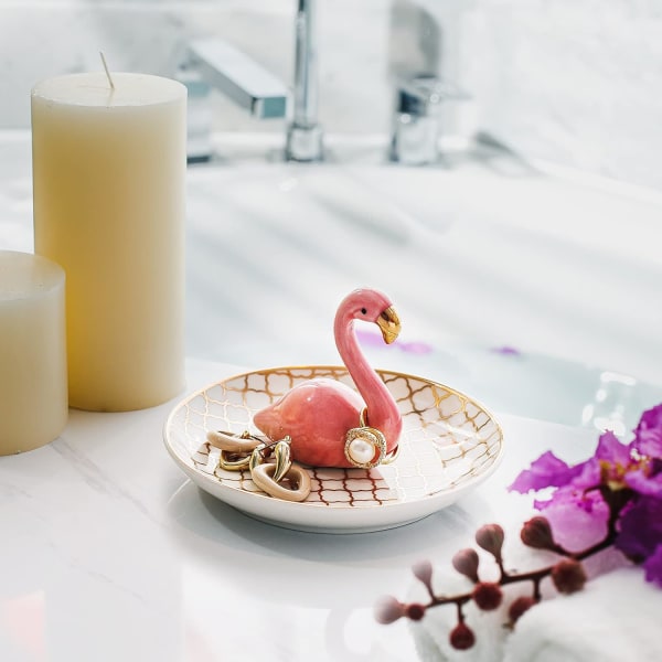 Flamingo-gåvor för kvinnor, Flamingo ringhållare prydnadsfat, ringfat för ring halsband örhänge smyckeshållare, födelsedag Valentinsdag gåva Pink Flamingo