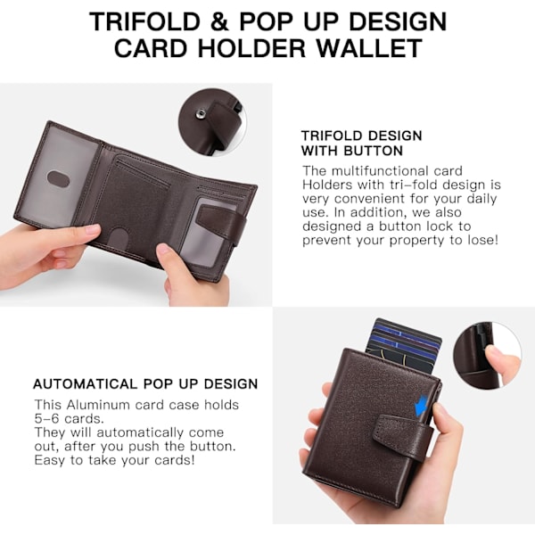 Kredittkortholder RFID-blokkering Minimalistisk Trifold Herre Lommebøker Automatisk Pop Up Metallveske med ID-vinduer og glidelåslomme Brown Plain
