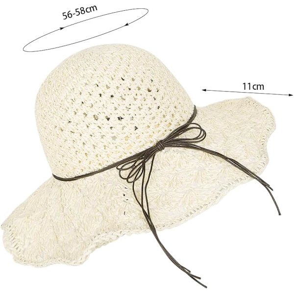 Solhatt i halm för kvinnor, damer, hopfällbar, bredbrättad, med rosett, justerbar, strandhatt, elegant hinkhatt, UPF 50 UV-skydd, bekväm Creamy White One Size