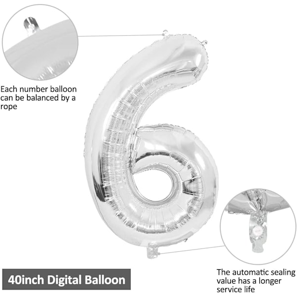 Numeropallon, 40 tuuman suuri hopeanvärinen numero 6 foliomylar-ilmapallo heliumilla syntymäpäiväjuhlan koristeluun Silver #6