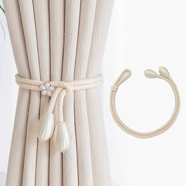 Gardinbind - Sæt med 2 - Håndlavet - Beige snor - 3D blomsterdesign