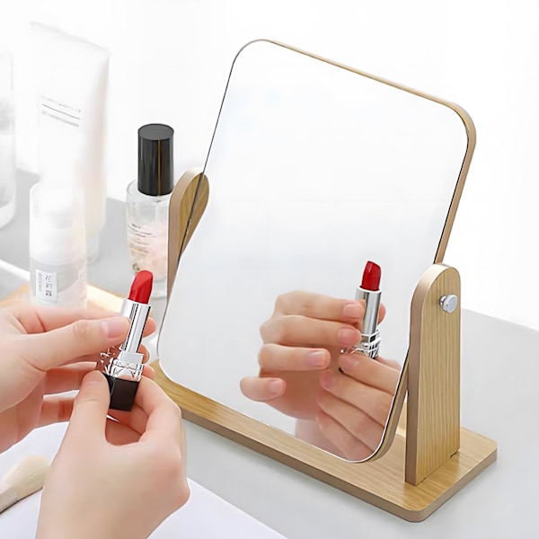 Makeup Spejl - 360 Graders Roterende Stående Træ Makeup Spejl, Rektangulært, Stor Størrelse til Toiletbord, Skrivebord, Badeværelse, Soveværelse
