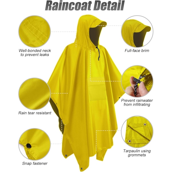 Vandtæt poncho til voksne, genanvendelig regnslag til voksne, vandtæt poncho, vandtæt poncho til voksne, let vandtæt regnfrakke til udendørs vandreture, camping C Yellow L