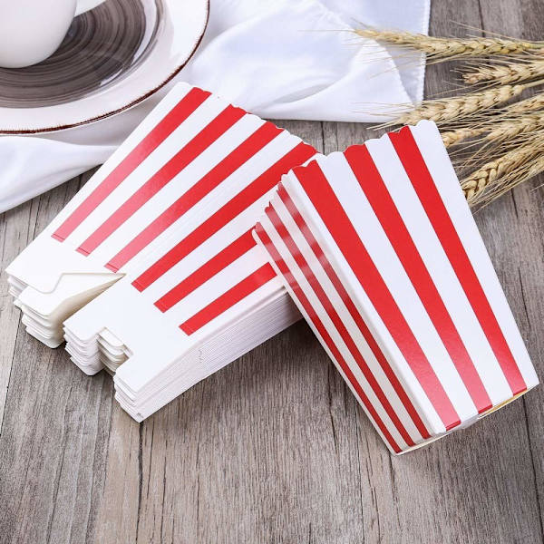 50 stk. Popcorn-æsker, røde og hvide stribede, små papir slikbeholdere, retro