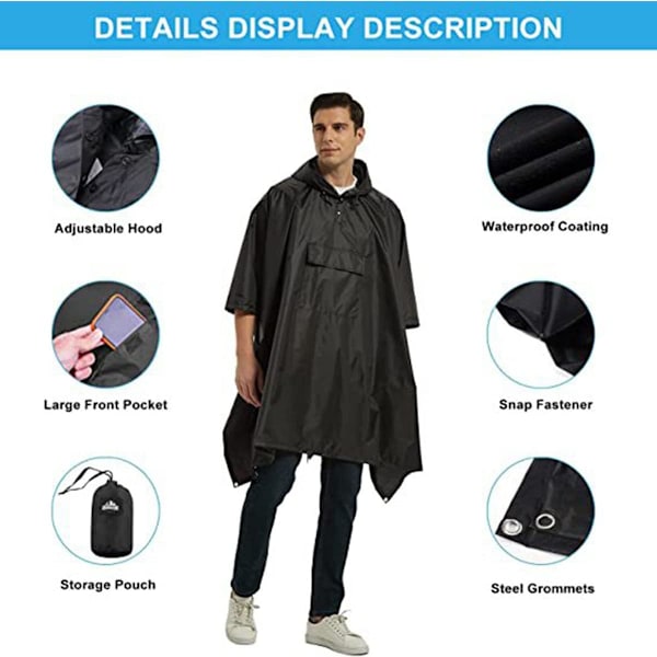 Vanntett poncho for voksne, gjenbrukbar lett regnponcho for voksne vanntett med snorhette for utendørs fotturer camping sykling reiser vanntett