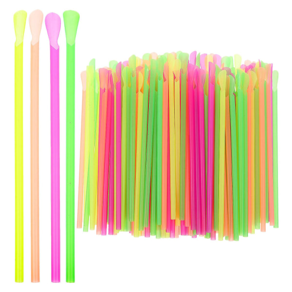 150 disposable spoons and straws, milkshake and shaved ice dual-purpose drinking spoons and straws (mixed colors) (0.6X0.6cm, as shown in the picture)