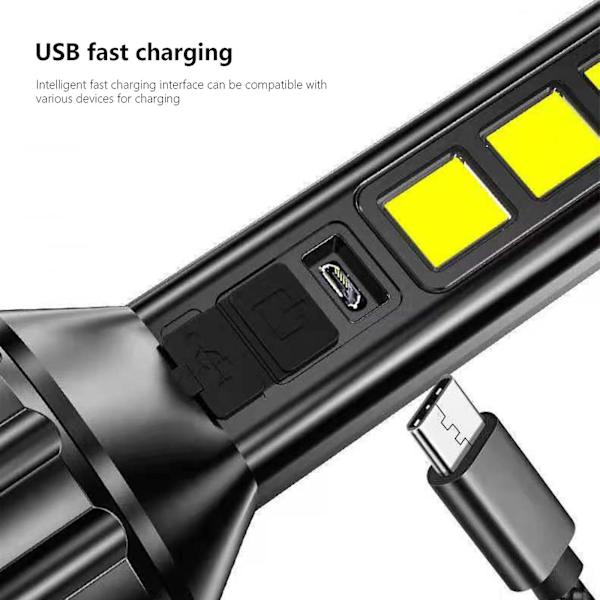 COB Starkt Ljus Ficklampa Bärbar USB C Laddningsbar Ljus Hushålls LED-lampa Inbyggt Batteri Med Strömvisning（Svart）
